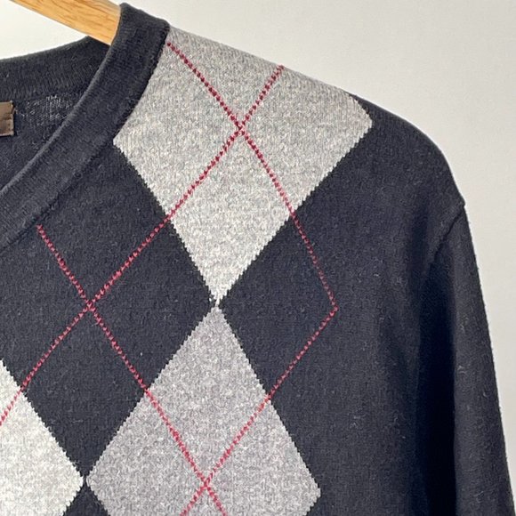 Sebastian Cooper Cashmere Cotton Blend V Neck Argyle Sweater Black Grey, Size M - Picture 3 of 5